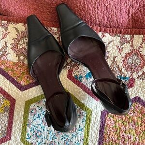 Coach Kitten Heel Black Pointed Toe Shoes w/ Ankle Buckle Closure and Charm